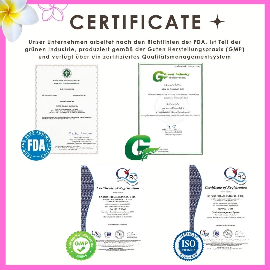 Zertifikate und Logos. FDA, Green Industry, GMP, ISO 9001. Text: Zertifiziertes Qualitätsmanagementsystem.