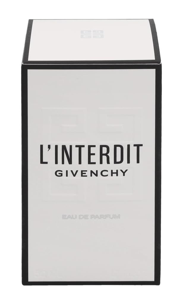 Verpackung von L'Interdit Eau de Parfum. Weiß mit schwarzem Rahmen. Text: L'Interdit, Givenchy, Eau de Parfum. Logo oben.