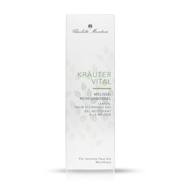 Weiße Verpackung mit Produktnamen und Logo. Text: Kräuter Vital Melisse-Reinigungsgel. Für normale Haut bis Mischhaut.
