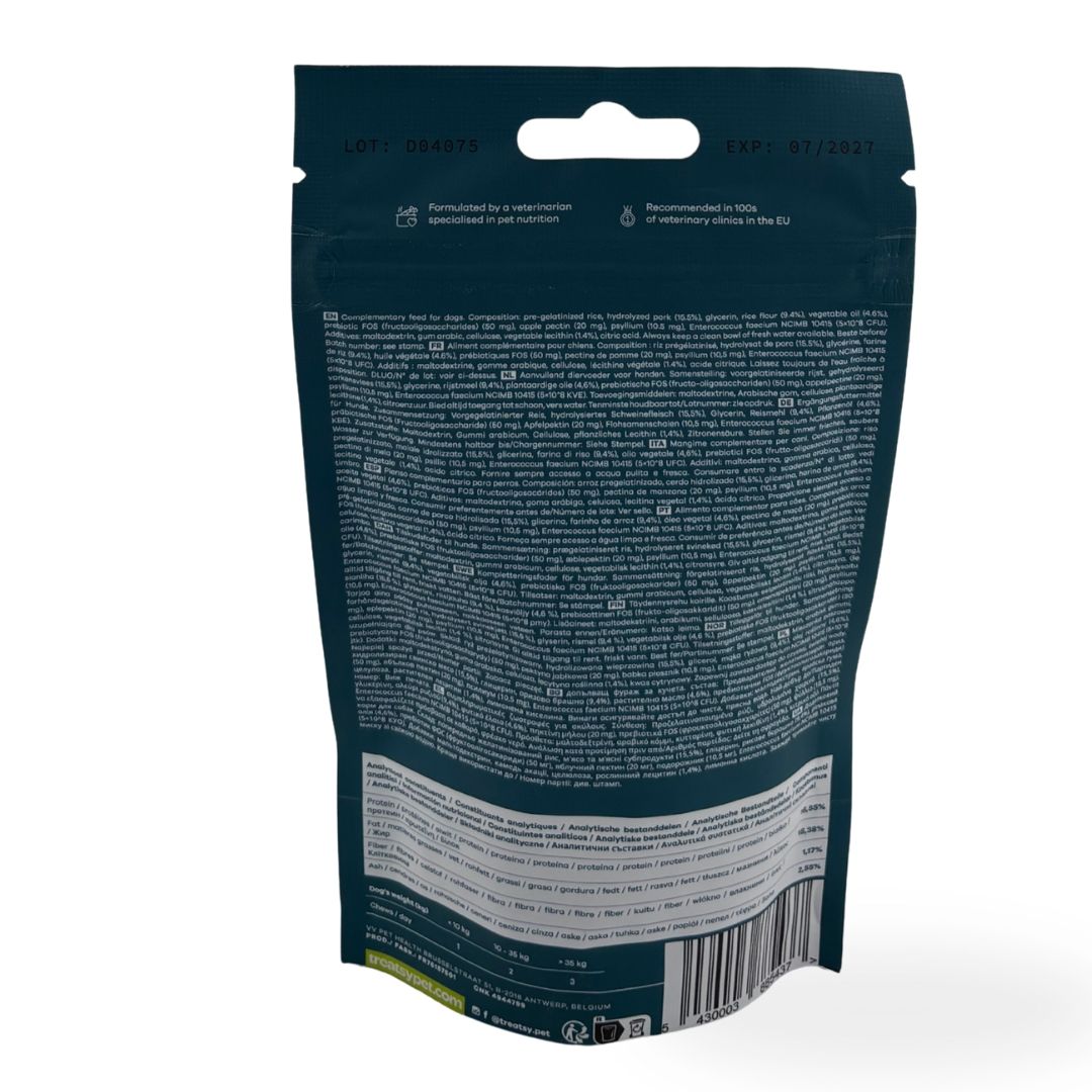 Rückseite der Probiotika-Verpackung. Enthält Informationen zu Inhaltsstoffen und Nährwerten. Text in mehreren Sprachen.