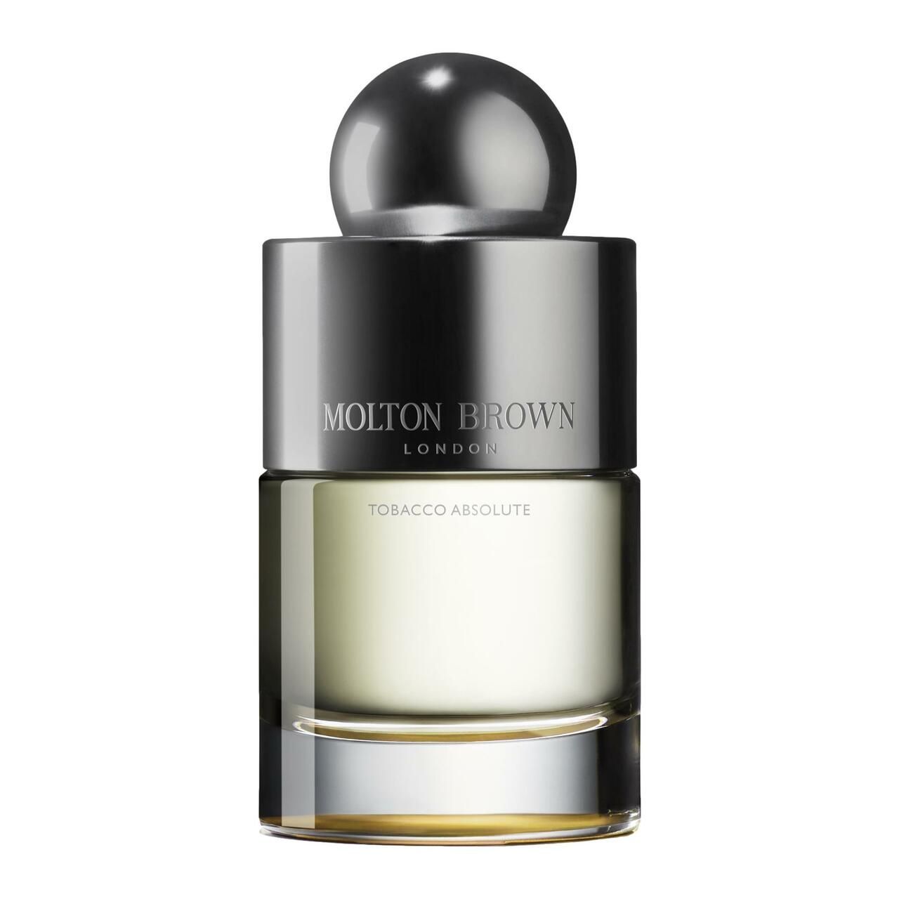 Glasflakon mit silbernem Verschluss. Aufschrift: Molton Brown, Tobacco Absolute. Flüssigkeit hellbraun.