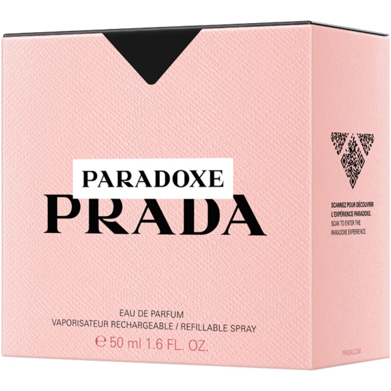 Rosa Verpackung mit schwarzem Dreieck. Text: PARADOXE PRADA, Eau de Parfum, Vaporisateur Rechargeable, 50 ml.