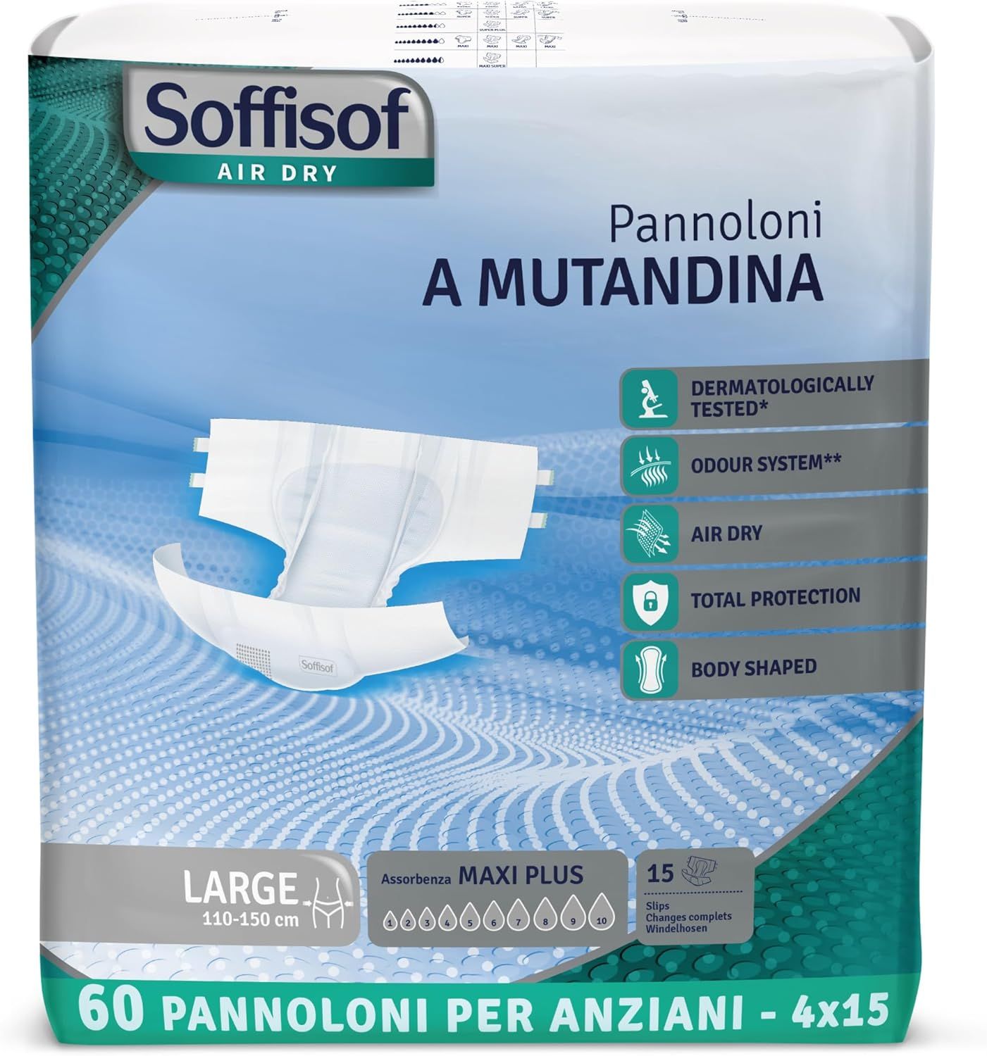Verpackung mit 60 Windeln für Erwachsene. Aufschrift: Soffisof Air Dry, Maxi Plus, Large, 110-150 cm. Mit Zertifizierungen.