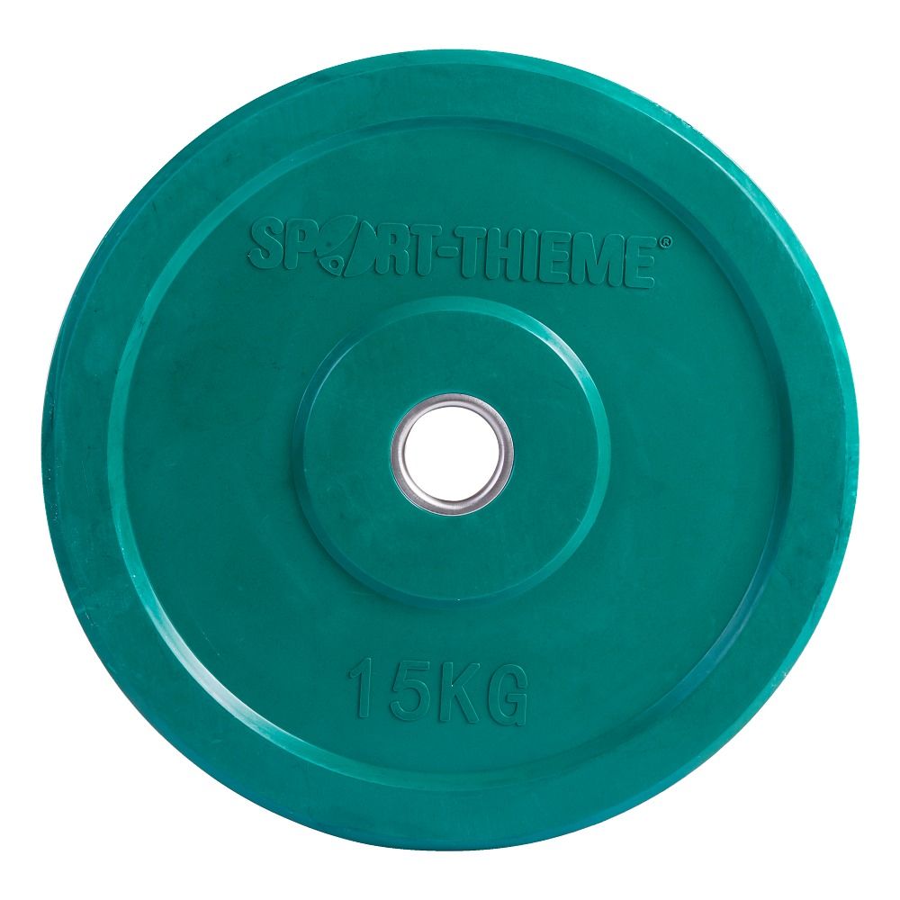 Grüne Hantelscheibe mit Aufschrift "SPORT-THIEME" und "15KG". Runde Form mit Loch in der Mitte.
