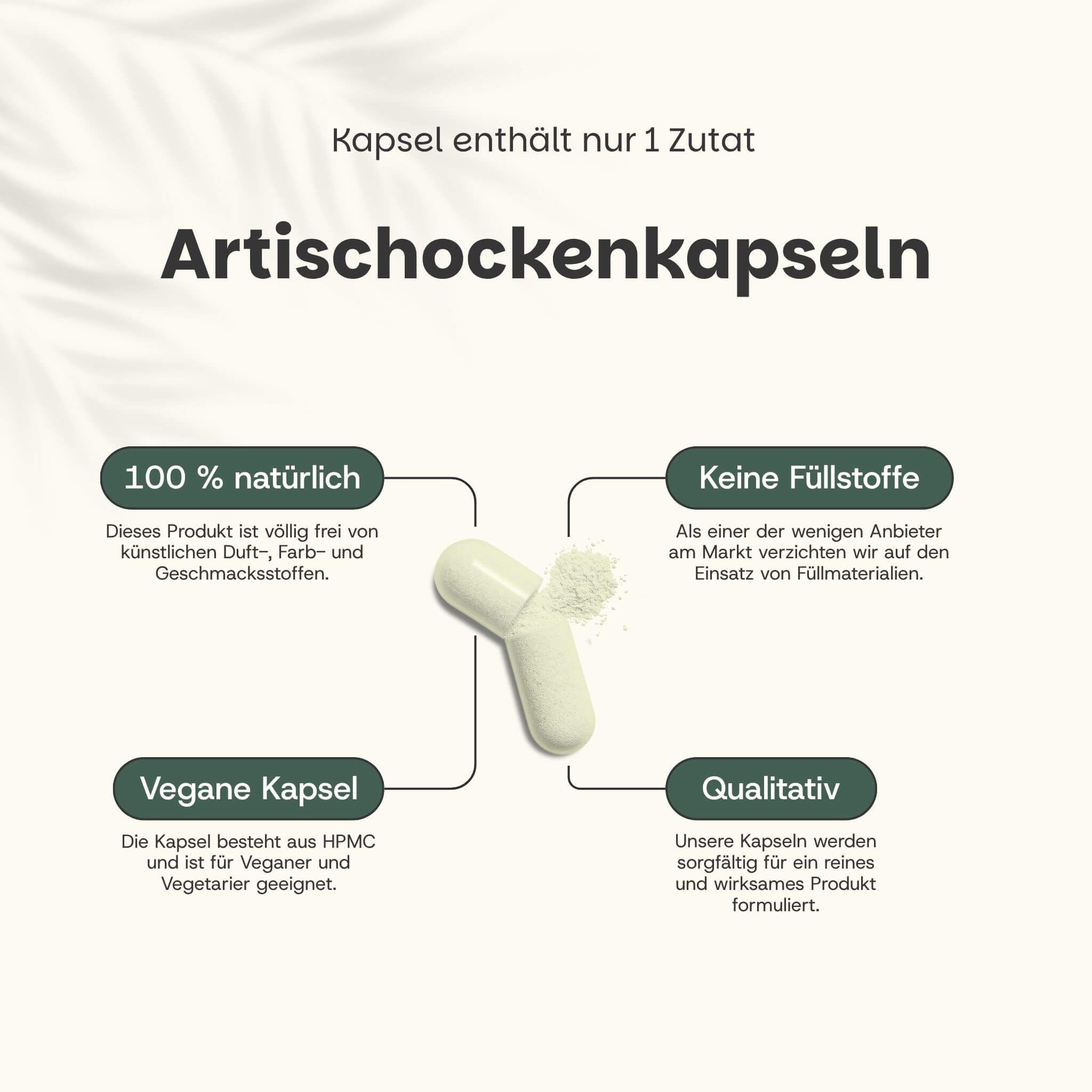 Braune Tüte mit Artischocken Kapseln. Text: Artischocke Kapseln, Extrakt 10:1, 60 Kapseln. 100% natürlich & vegan.