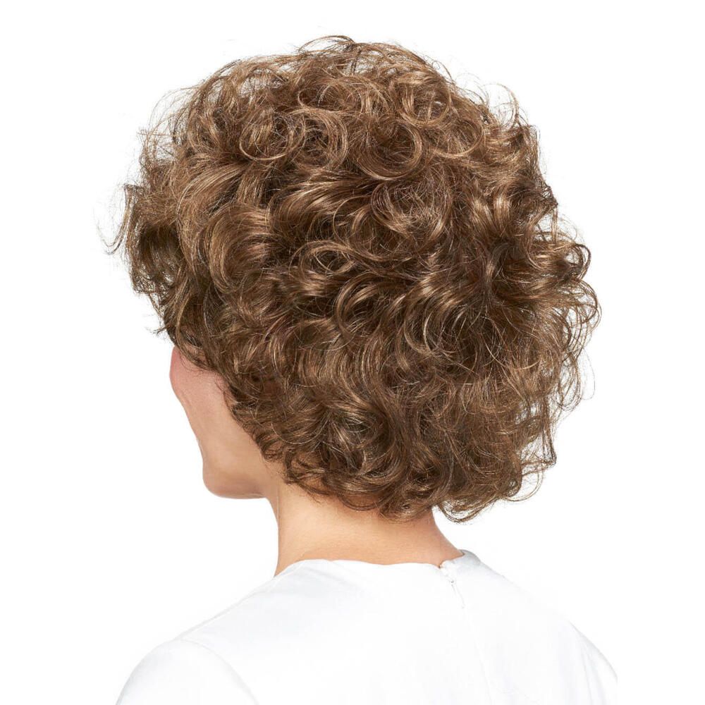 Perücke Viola von Lofty. Kurze, braune Kunsthaarperücke mit Locken. Rückansicht.