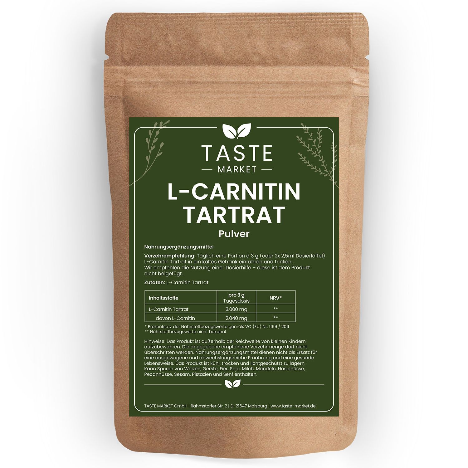 Braune Papiertüte mit L-Carnitin Tartrat Pulver. Enthält Nährwertangaben und Produktinformationen.