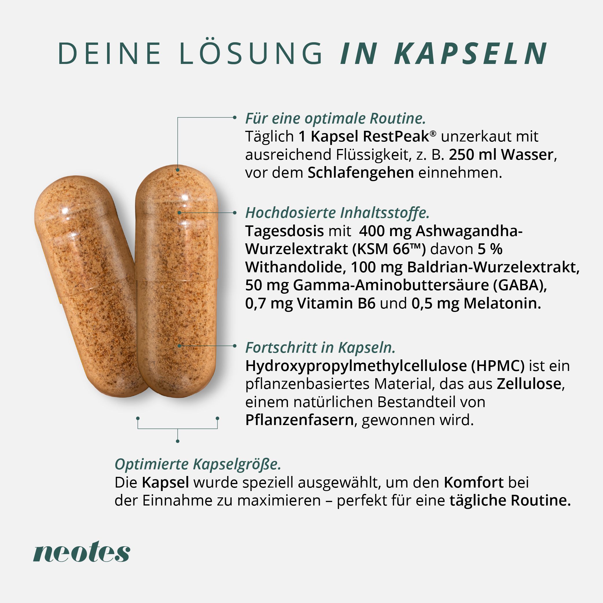 Zwei braune Kapseln. Text: 'Deine Lösung in Kapseln'. Enthält Ashwagandha, Baldrian, GABA, Vitamin B6 und Melatonin.