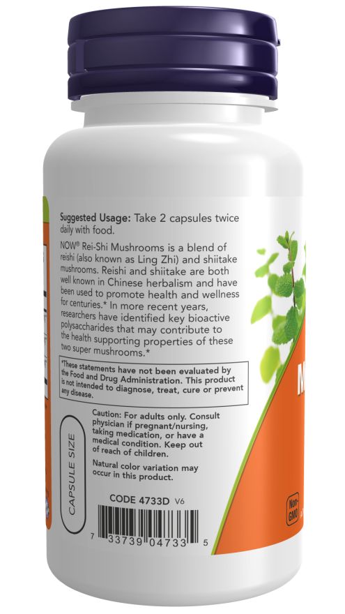 Rückseite der Flasche. Aufschrift: NOW Rei-Shi Mushrooms. Enthält Informationen zur Anwendung. Orangefarbener Aufkleber.