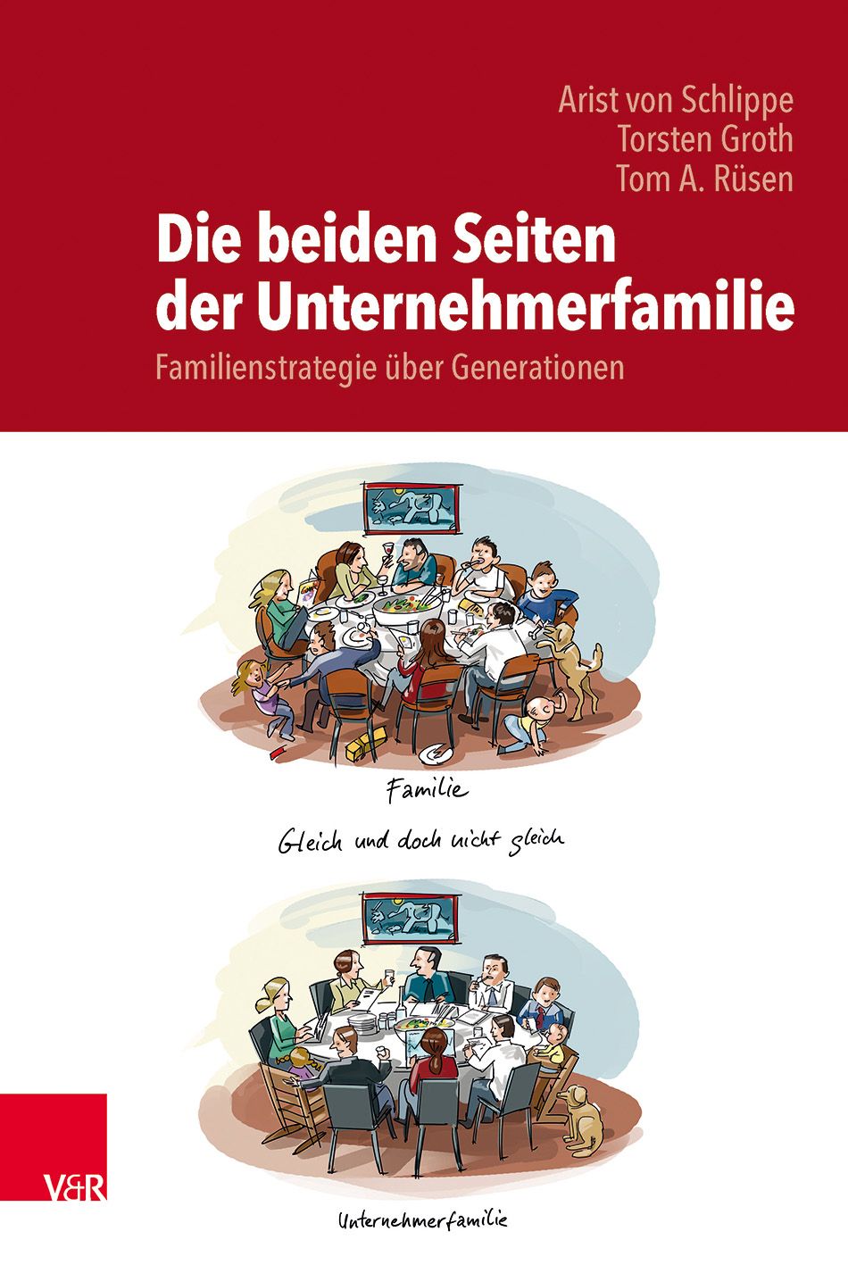 Buchcover. Titel: Die beiden Seiten der Unternehmerfamilie. Autoren: Arist von Schlippe, Torsten Groth, Tom A. Rüsen. Illustrationen von Familien.