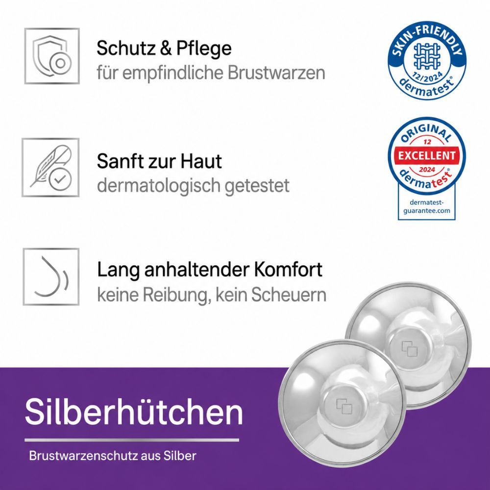 Drei Icons: Schutz, sanft zur Haut, Komfort. Siegel: Dermatest, Excellent.