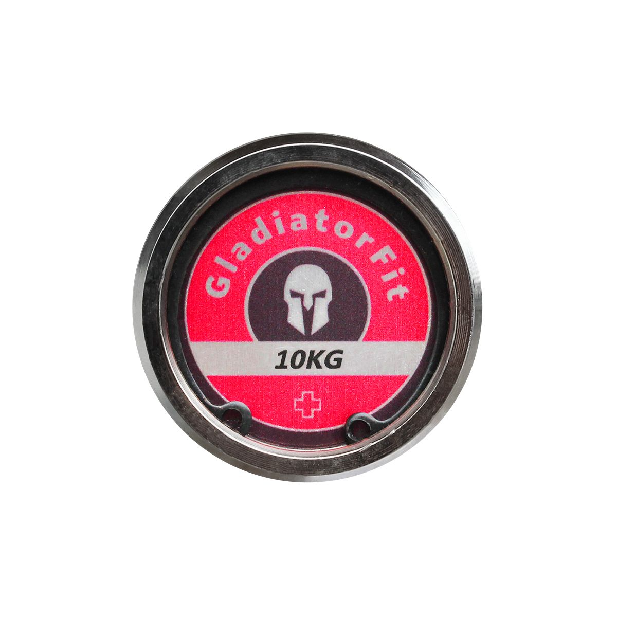 Gewichtsscheibe mit Aufdruck 'GladiatorFit' und '10KG'. Roter Hintergrund, silberner Rand.