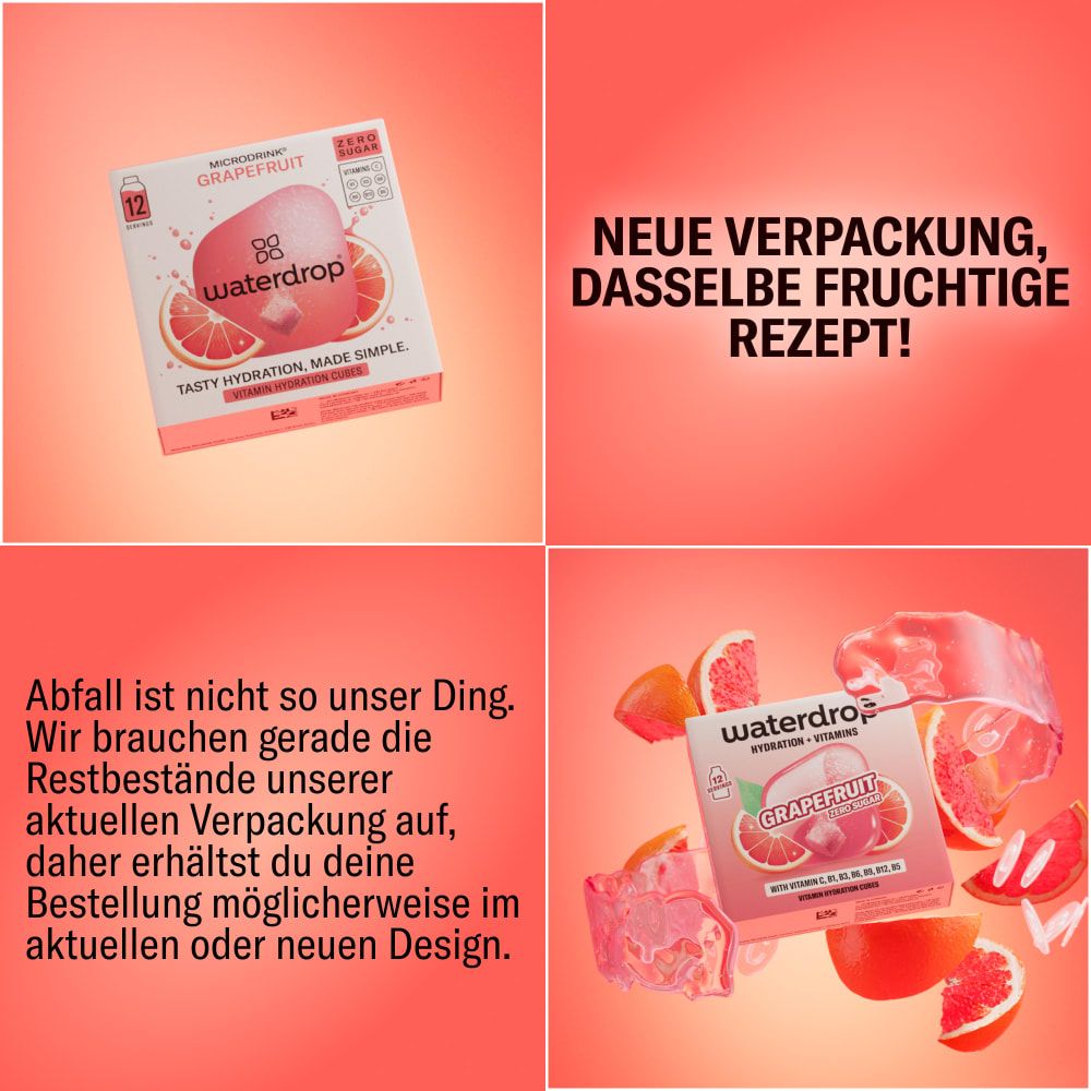 waterdrop® Grapefruit-Verpackung. Text: Neue Verpackung, dasselbe fruchtige Rezept! Abfall ist nicht so unser Ding. Aktuelles oder neues Design.