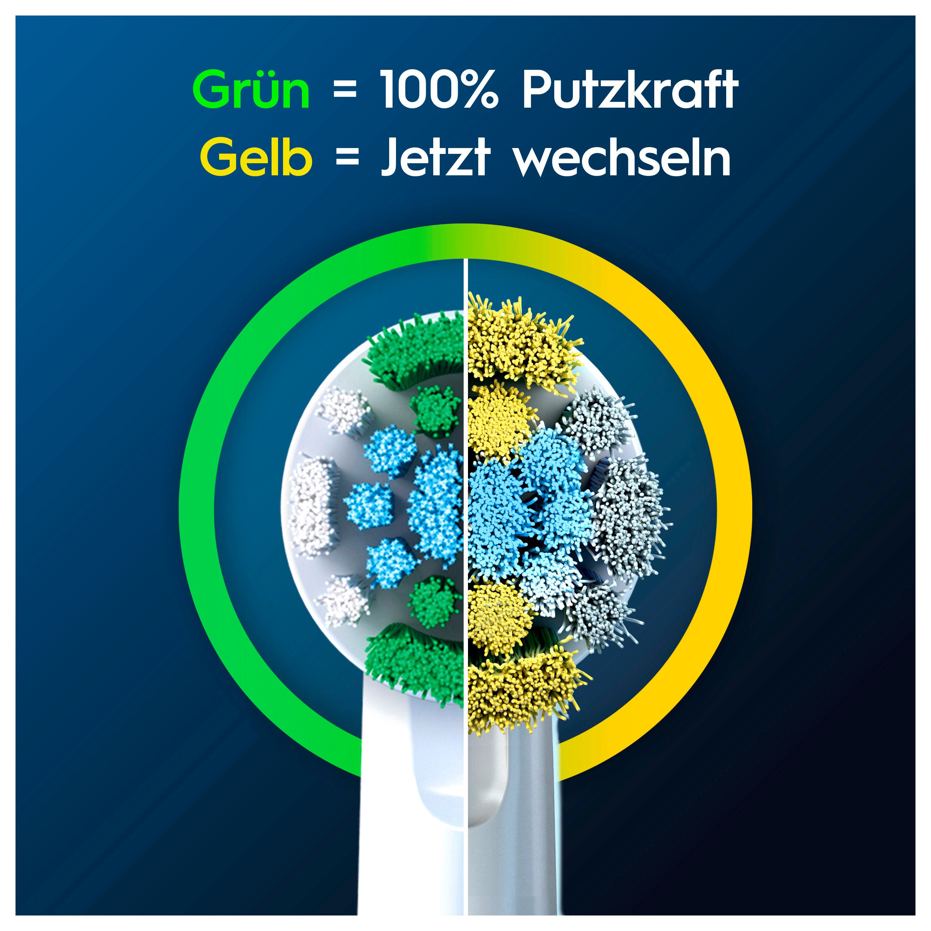 Nahaufnahme eines Bürstenkopfes. Grüne, blaue und gelbe Borsten. Gelber Kreis für den Wechsel, grüner Kreis für Putzkraft.