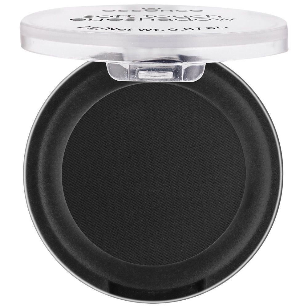 Runder, schwarzer Lidschatten in einer geöffneten, transparenten Dose. Auf dem Deckel steht "soft touch eyeshadow".