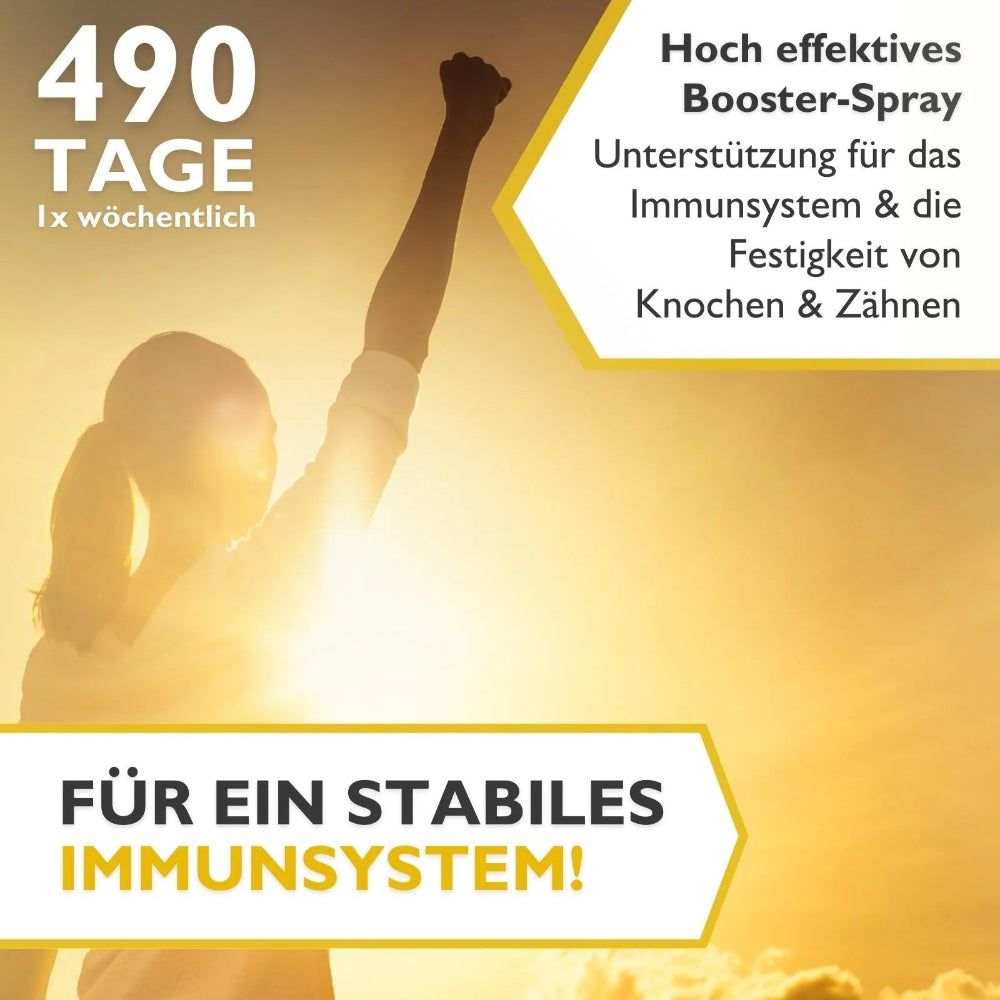 Gelber Hintergrund mit Text. "490 Tage". "Für ein stabiles Immunsystem!". Silhouette einer Person mit erhobenen Armen.