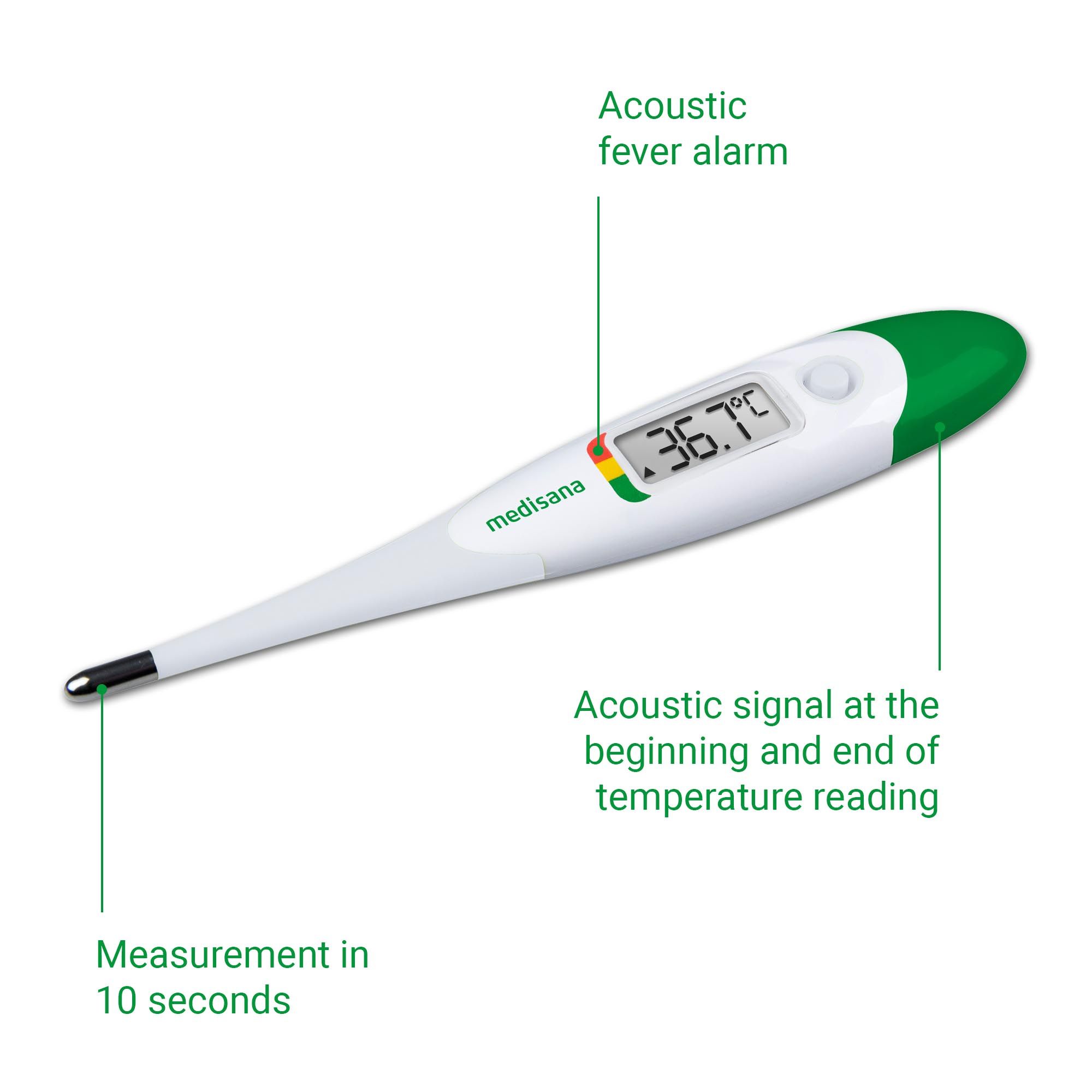 Digitales Thermometer mit akustischem Fieberalarm und Signal. Zeigt 36,7°C. Marke: medisana.