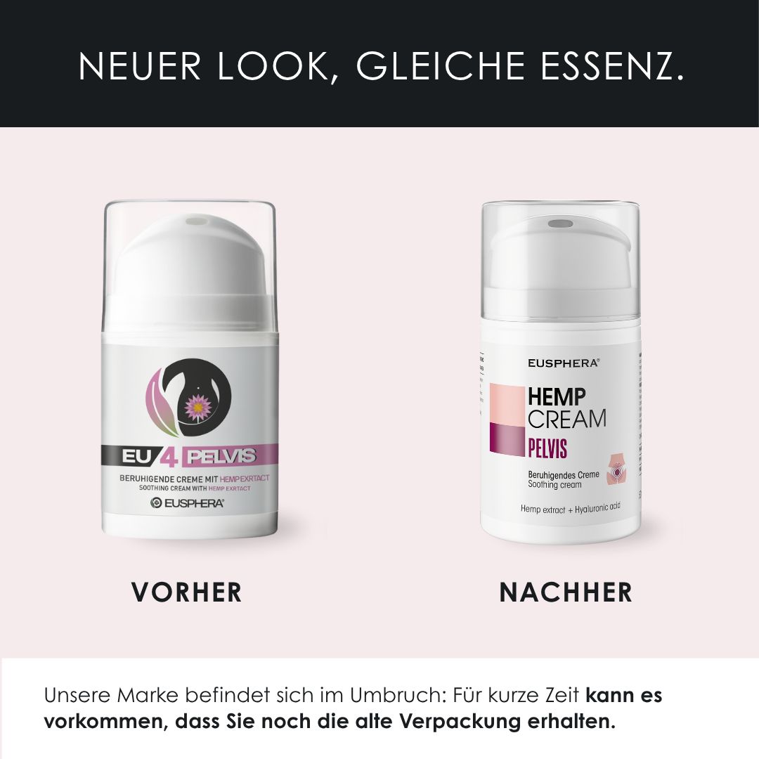 Vergleich: EU 4 PELVIS, weißer Behälter, vs. HEMP CREAM PELVIS, weißer Behälter. Text: VORHER, NACHHER.