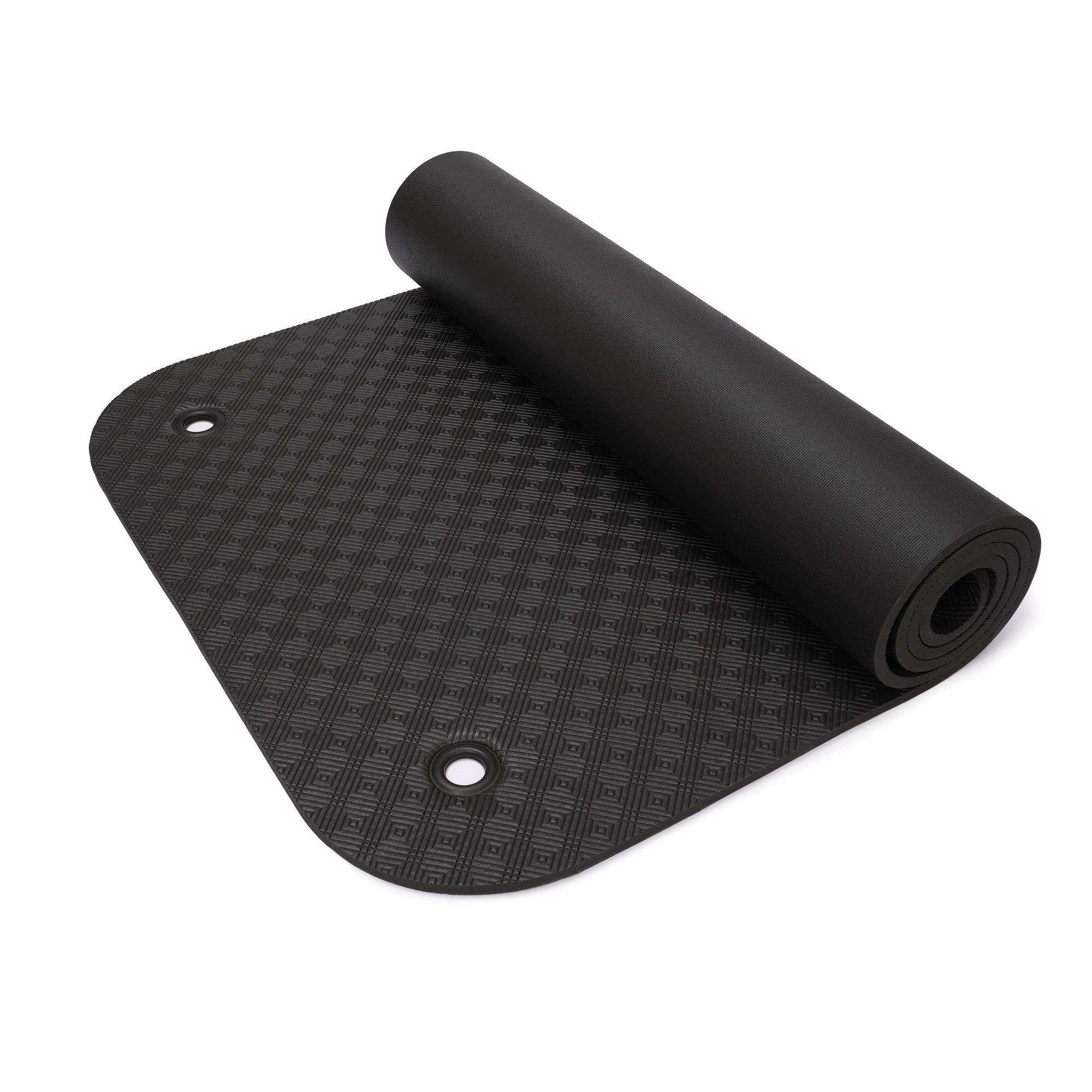 Schwarze Gymnastikmatte, teilweise aufgerollt, mit Ösen. 180 x 65 x 0,8 cm.