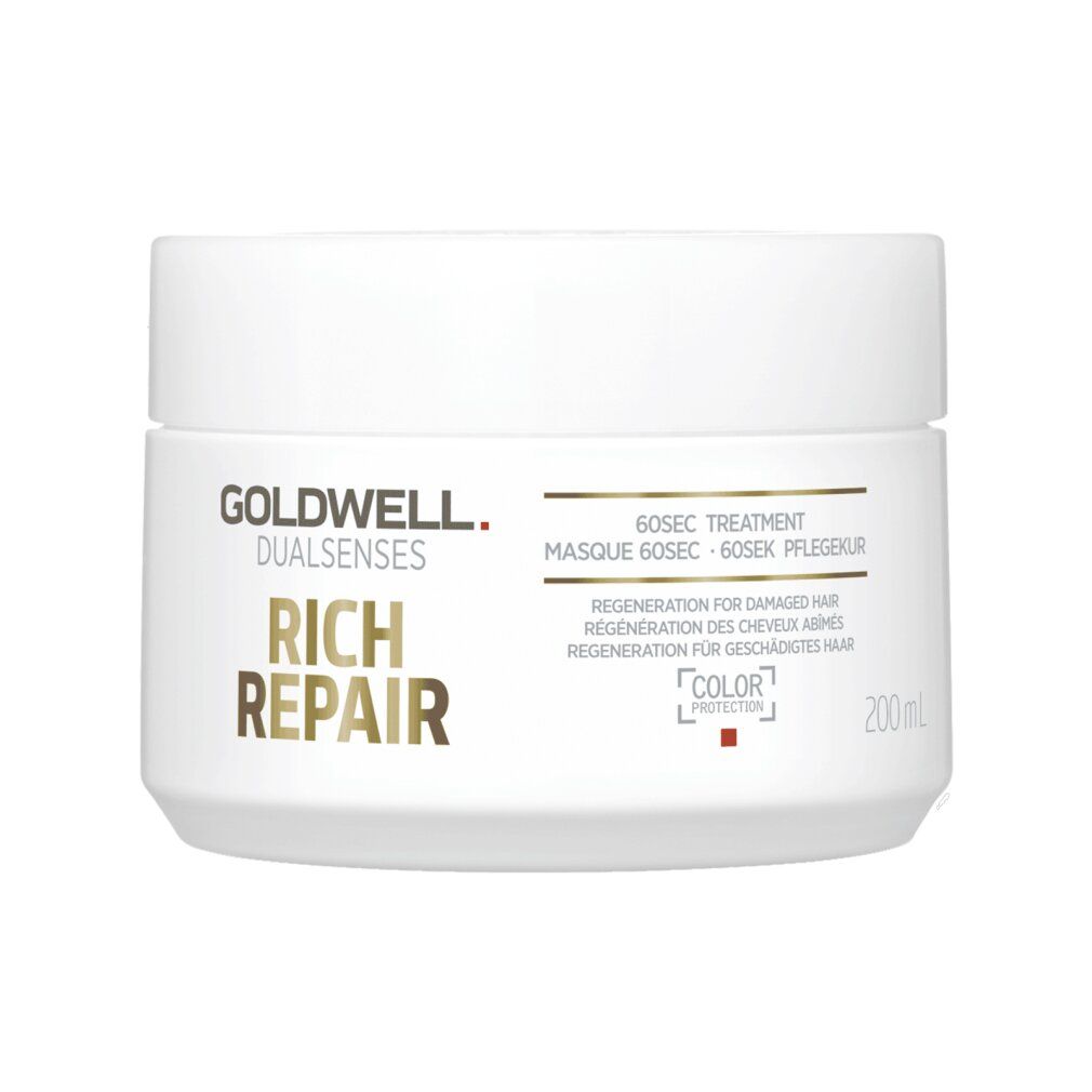 Weißer Tiegel Goldwell Rich Repair. Aufschrift: 60sec Treatment, Regeneration für geschädigtes Haar. 200ml.