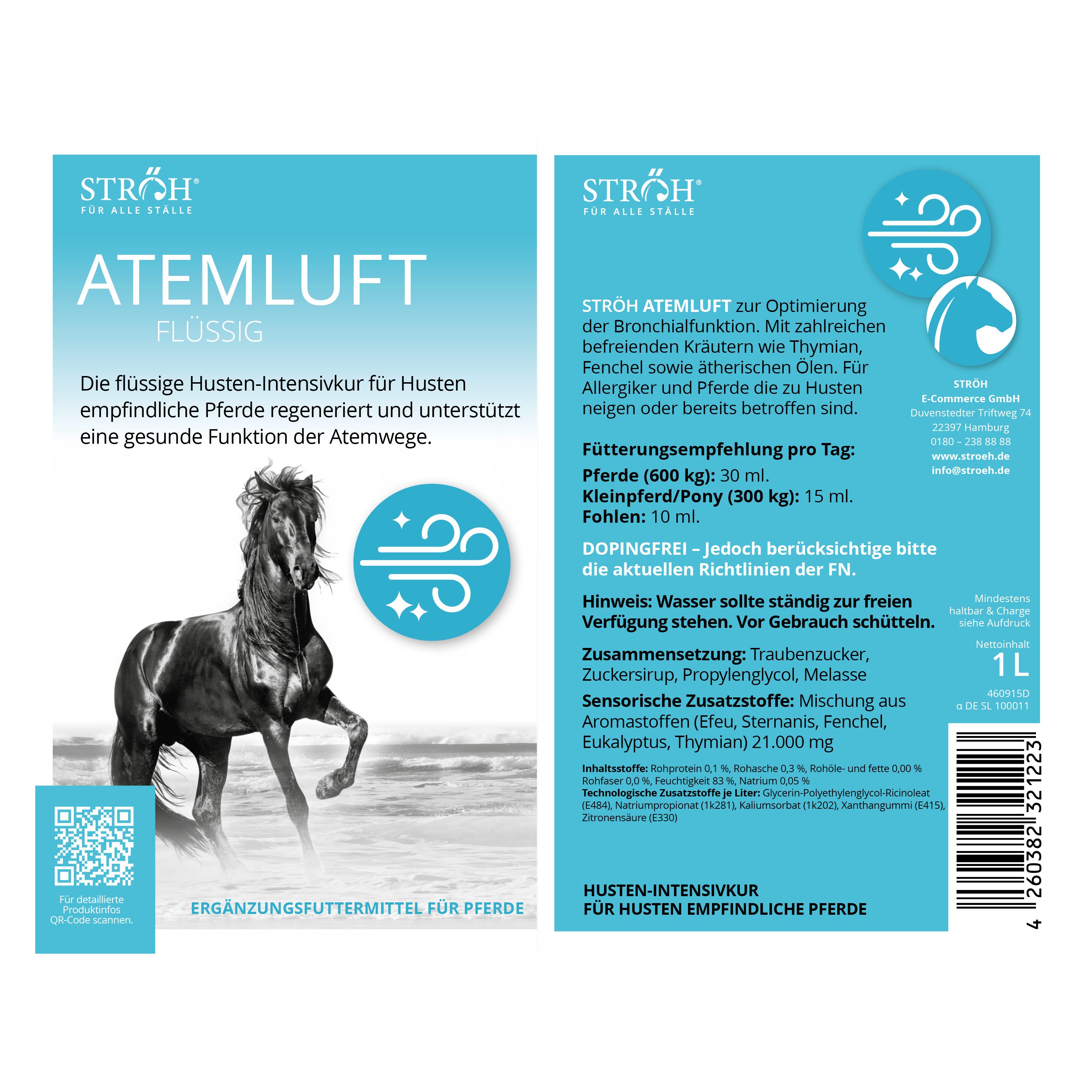 Etikett mit Text und Logo. Text: ATEMLUFT FLÜSSIG. Abbildung eines Pferdes. Text: Ergänzungsfuttermittel für Pferde.
