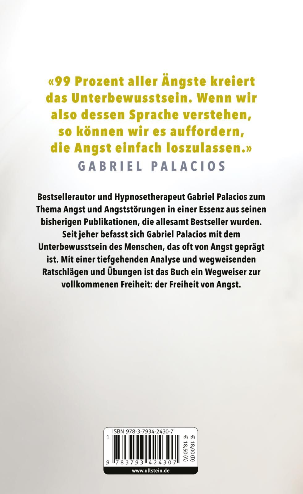 Buchrückseite mit Text. Zitat: «99 Prozent aller Ängste kreiert das Unterbewusstsein...» Autor: Gabriel Palacios.