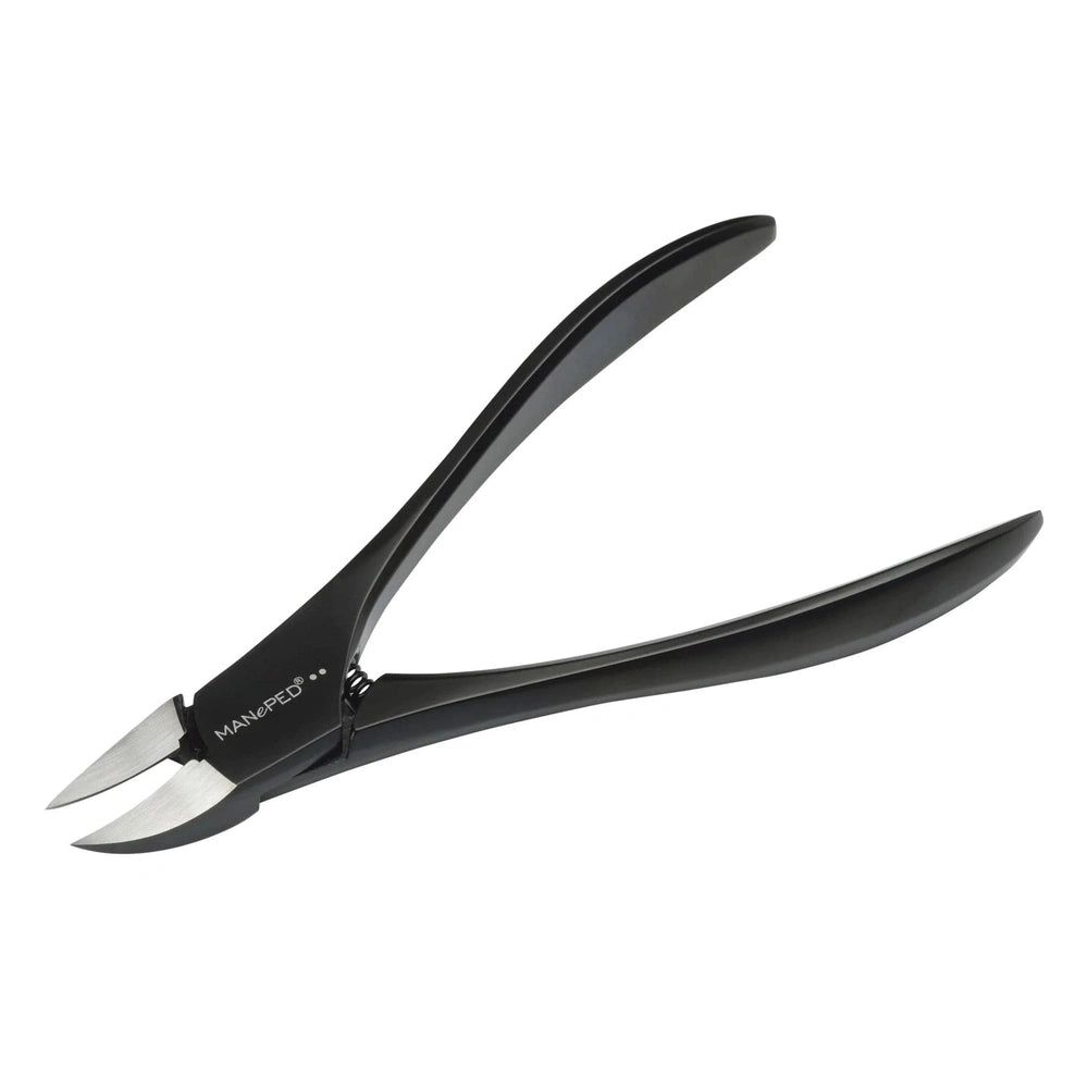 Schwarze Nagelzange, MANePED-Logo. Geöffnete Form, Metallklingen.