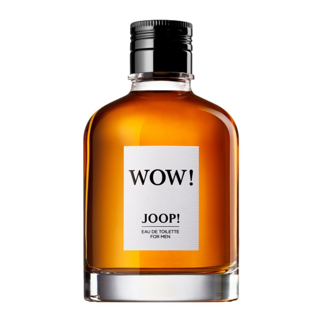 Joop Wow Eau de Toilette für Herren. Flakon mit schwarzem Verschluss. Aufkleber mit Schriftzug WOW! und JOOP!