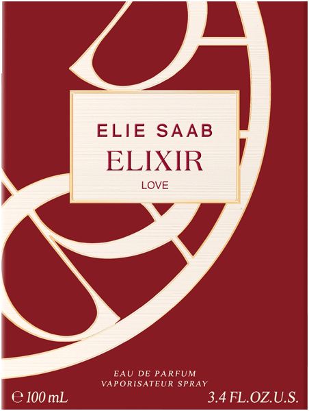 Elie Saab Elixir Love Eau de Parfum. Rote Verpackung mit Logo und Produktnamen. Nahaufnahme.