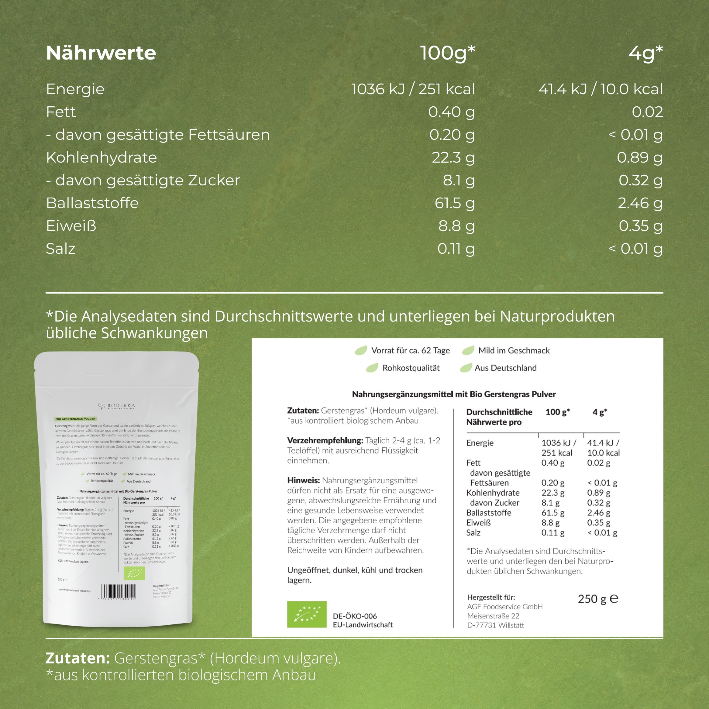 Boderra BIO Gerstengras Pulver aus Deutschland - 60 Tage Vorrat