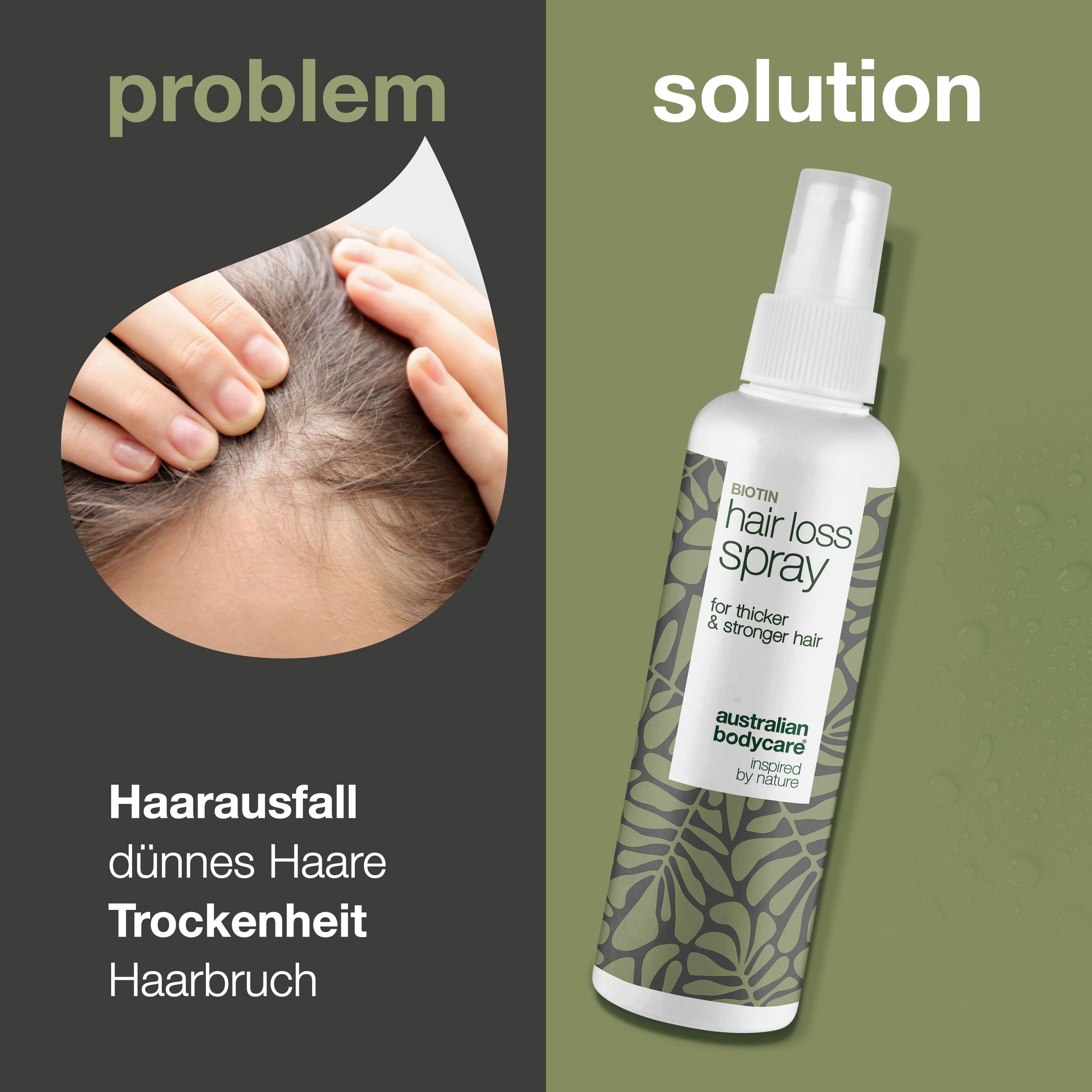 Problem und Lösung. Haarausfall, dünnes Haar, Trockenheit, Haarbruch. Biotin Hair Loss Spray. Australian Bodycare.