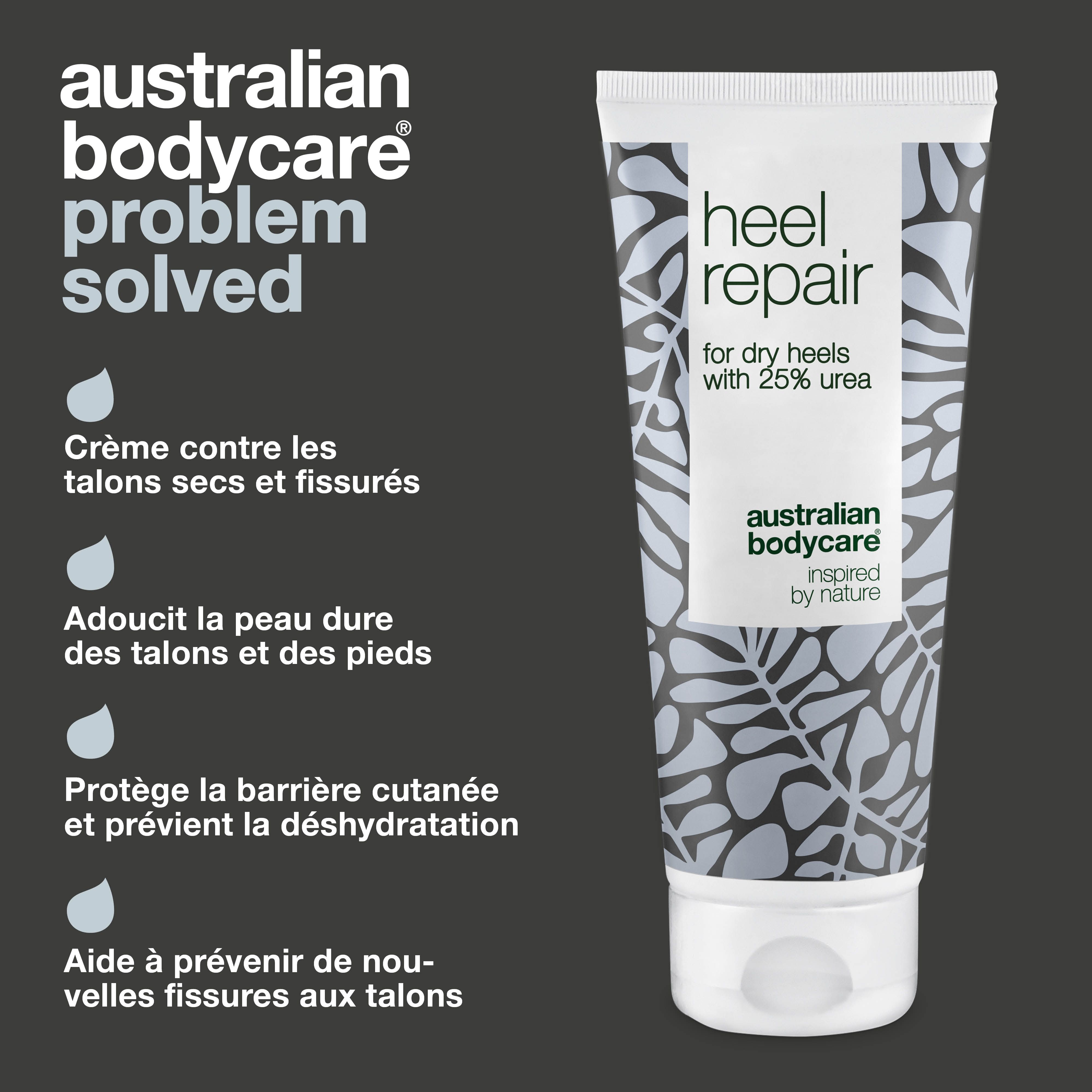 Tube de produit avec texte et symboles de gouttes. Texte : 'Problème résolu'.