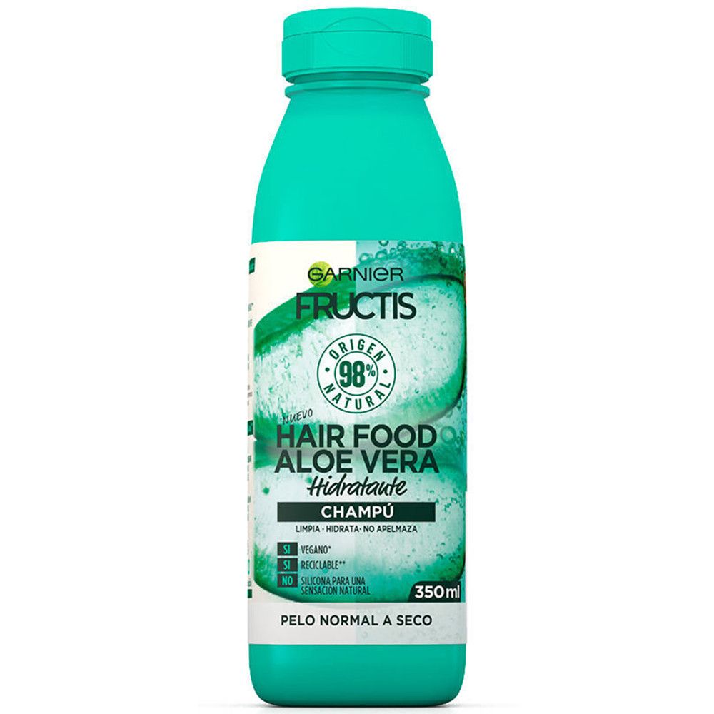 Garnier Fructis Hair Food Aloe Vera Shampoo Flasche. Grün, grüne Kappe. Aufschrift: 98% natürlichen Ursprungs, Aloe Vera, Champu, 350ml.