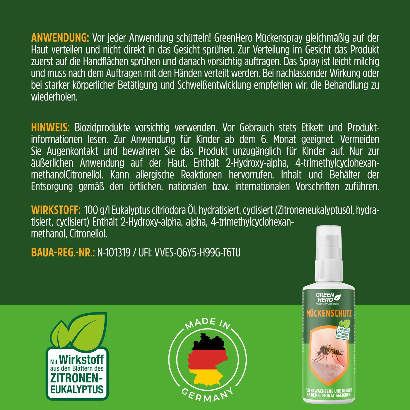 Grüne Infografik mit Text. Anwendungshinweise. Wirkstoff: 100 g/l Eucalyptus citriodora Öl. BAuA-Reg.-Nr.: N-101319. Flasche Green Hero Mückenschutz. Made in Germany.
