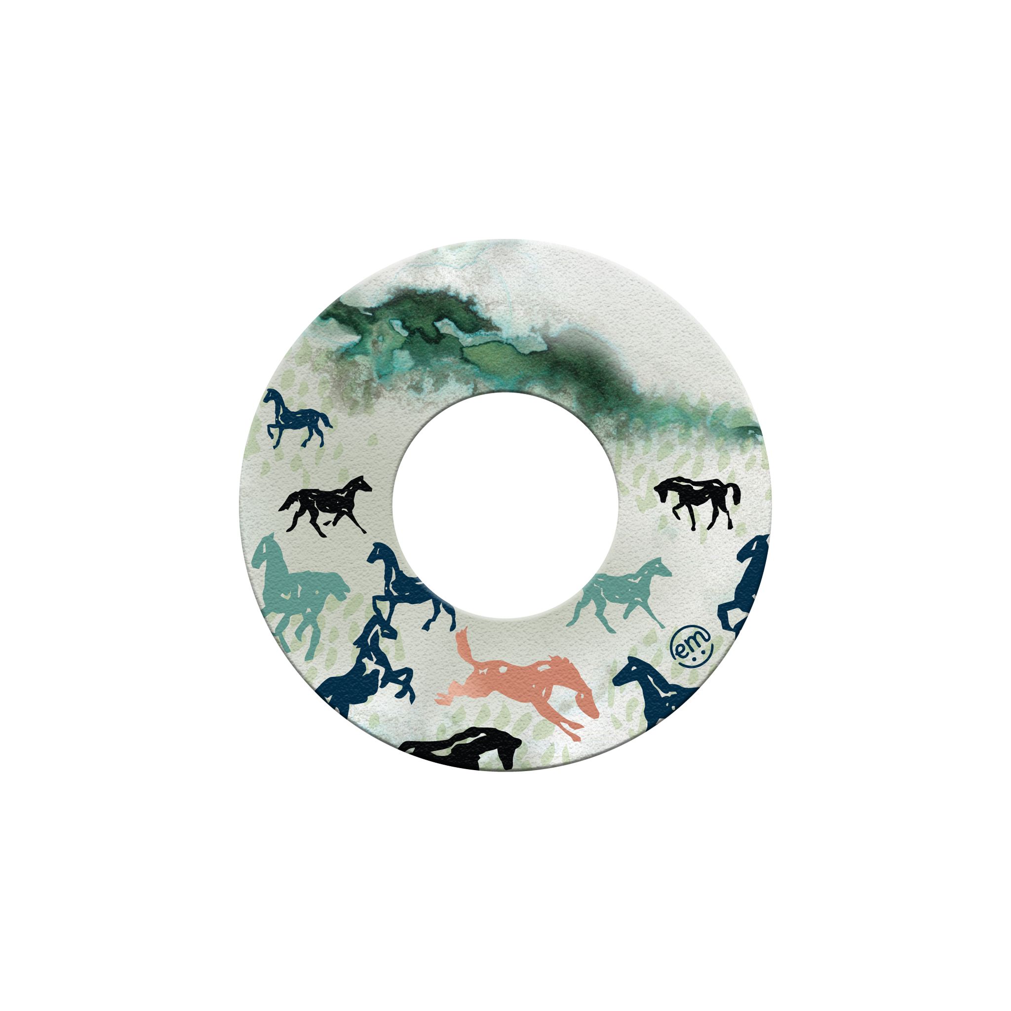 Runder Fixierring mit Pferde-Motiv. Weißer Hintergrund mit grünem Aquarell-Design. Das Logo ist sichtbar.