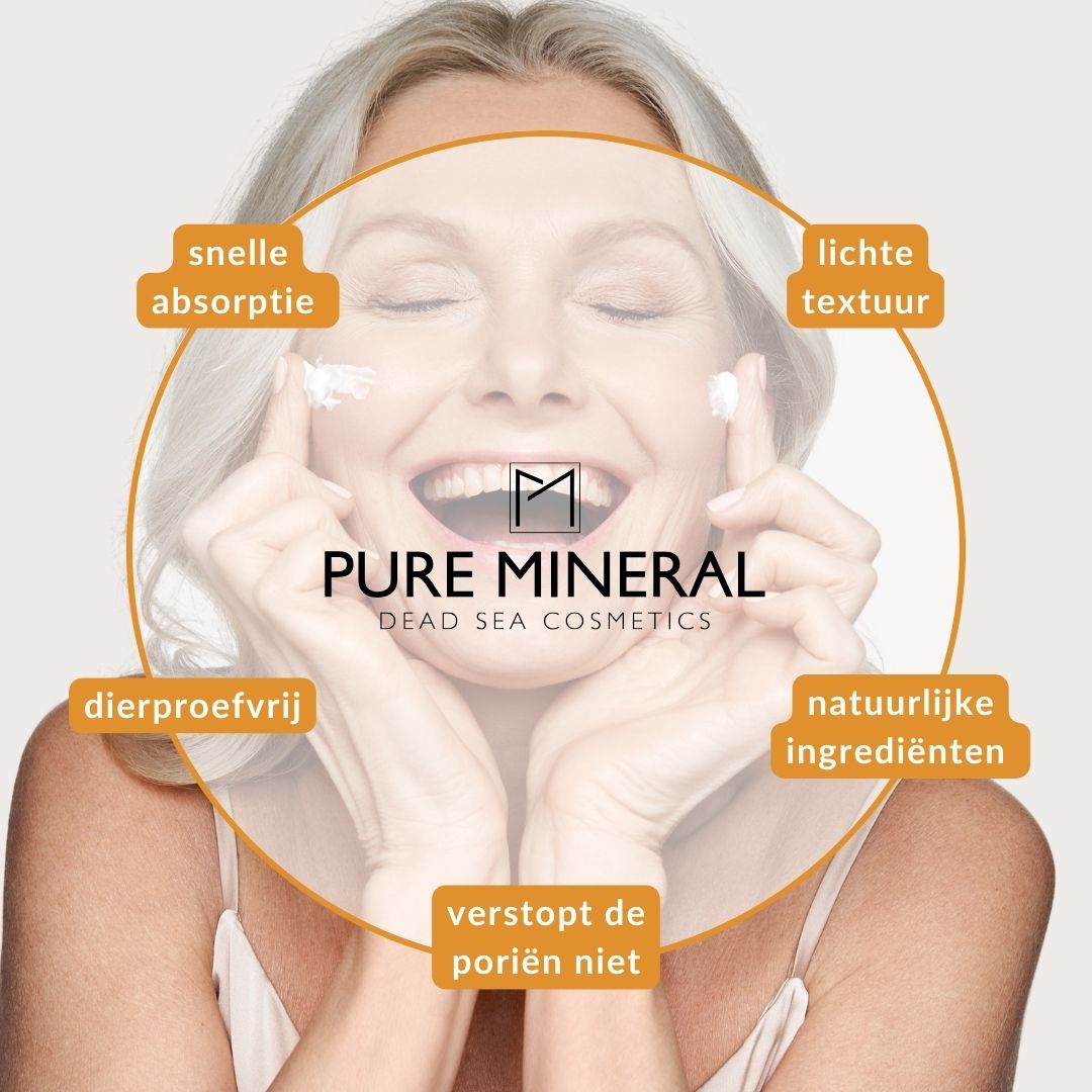 Vrouw met crème op gezicht. Tekst: Pure Mineral. Iconen: snelle absorptie, lichte textuur, dierproefvrij.