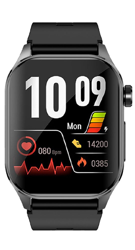 Schwarze Smartwatch mit digitalem Display. Zeigt Uhrzeit, Herzfrequenz, Schritte und Akkustand an. Schwarzes Armband.