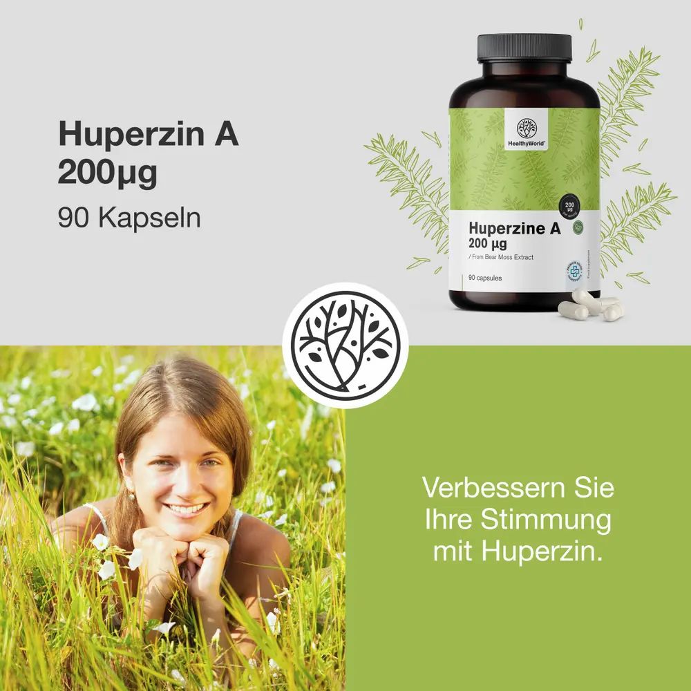 Huperzin A 200 µg, 90 Kapseln. Braune Flasche mit Kapseln. Frau im Gras. Logo HealthyWorld.