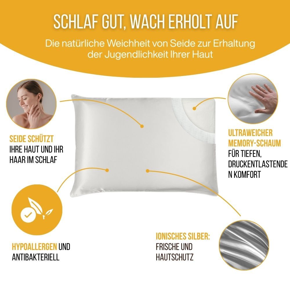 Weißes Kissen. Text: Seide schützt Haut und Haar. Symbole: hypoallergen, antibakteriell, Silber.