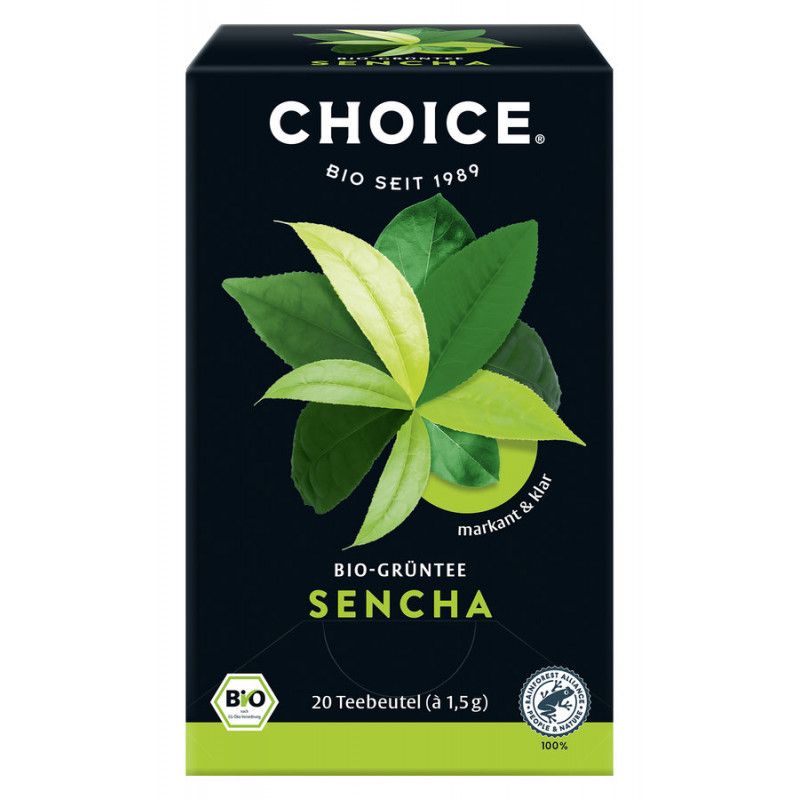 Schwarze Verpackung mit "CHOICE"-Logo, "BIO SEIT 1989" und grünen Blättern. Text: BIO-GRÜNTEE SENCHA, 20 Teebeutel. Bio-Siegel.
