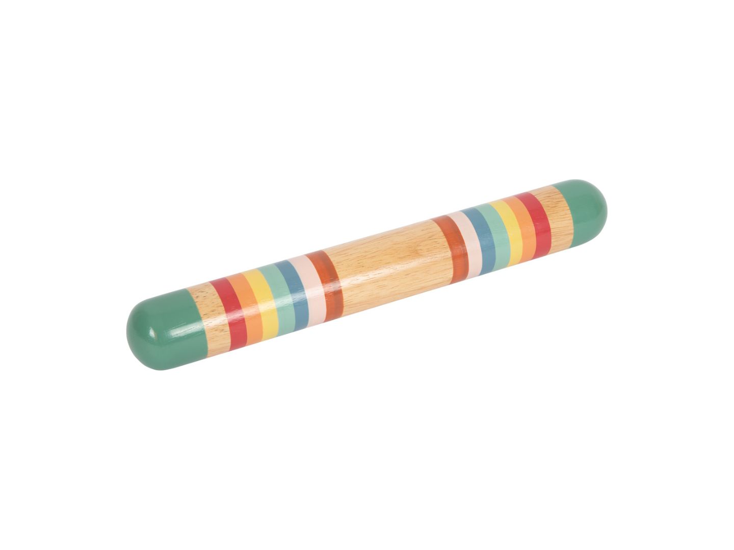 Holz-Rassel mit bunten Streifen und grünen Enden. Zylindrische Form. Für Babys und Kleinkinder.
