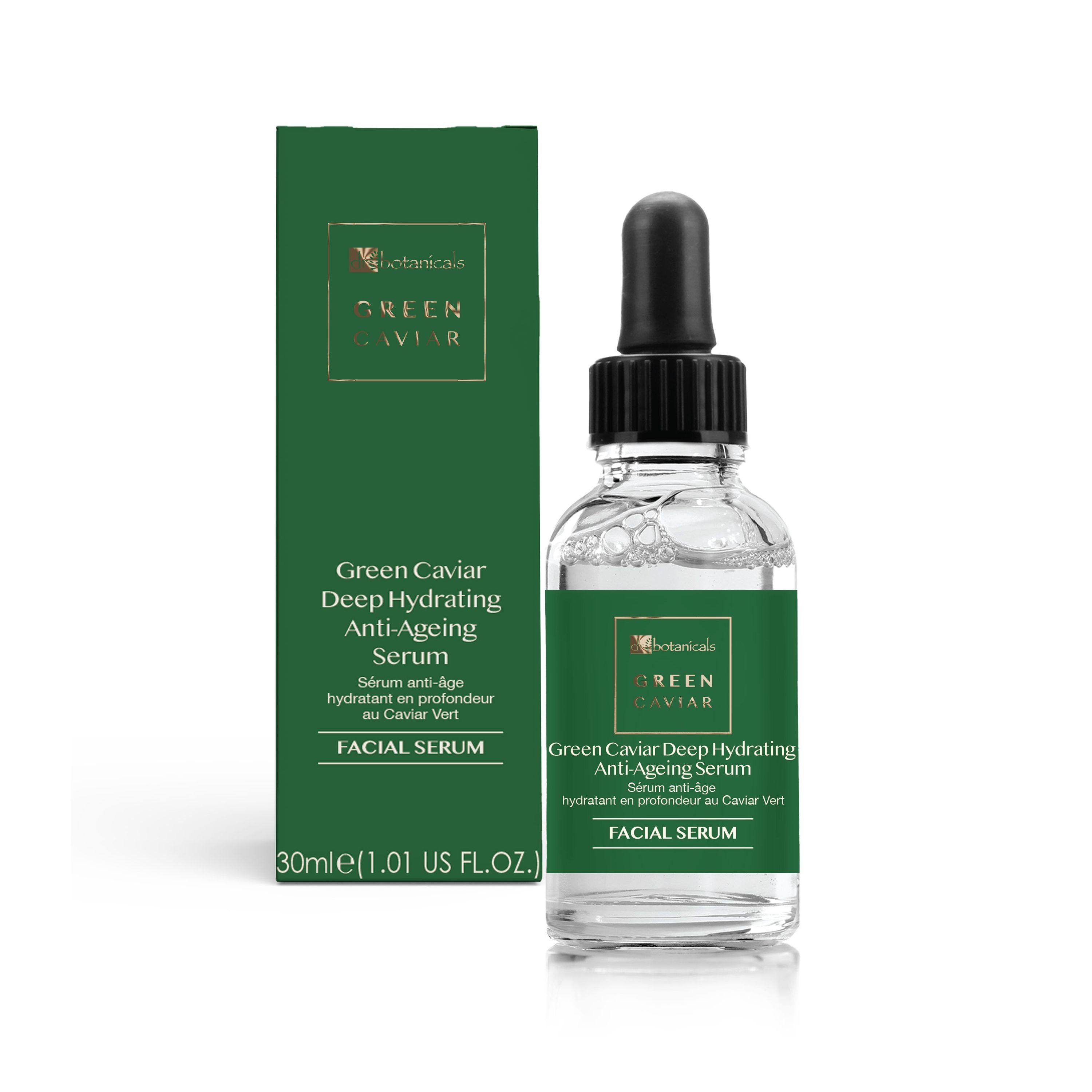Serumflasche und Verpackung. Grünes Etikett mit Text: Green Caviar Deep Hydrating Anti-Ageing Serum. 30ml.