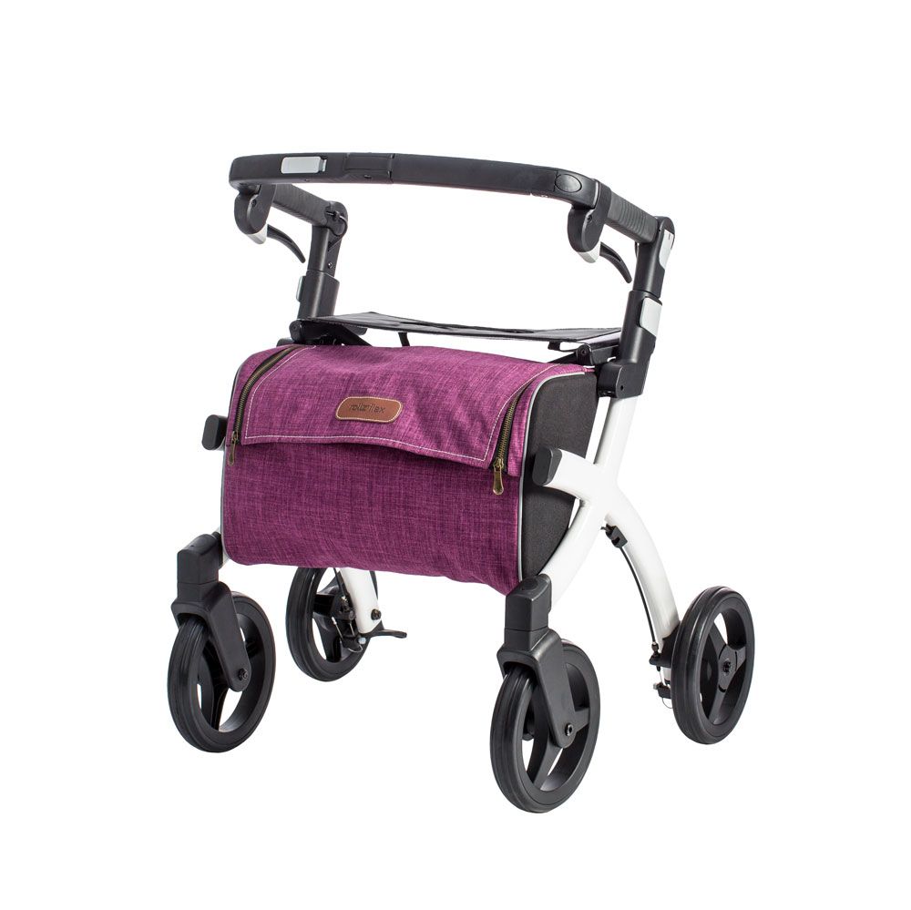 Rollator mit vier Rädern, lila Tasche, schwarze Griffe und Räder, weißes Gestell.