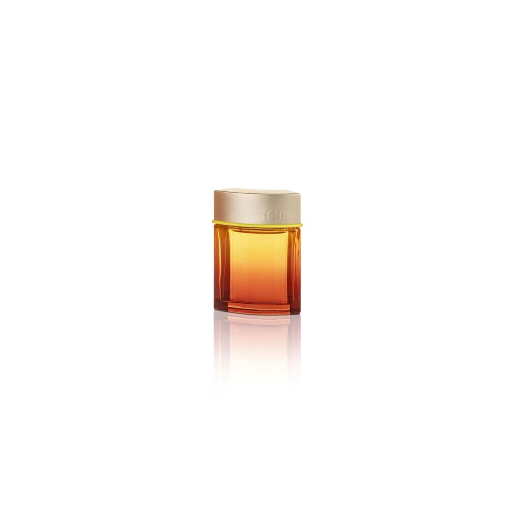 Tous Spritz EDT Herrenparfum Flakon mit goldenem Verschluss und gelbem Ring. Glasflasche mit Farbverlauf von Orange zu Gelb.
