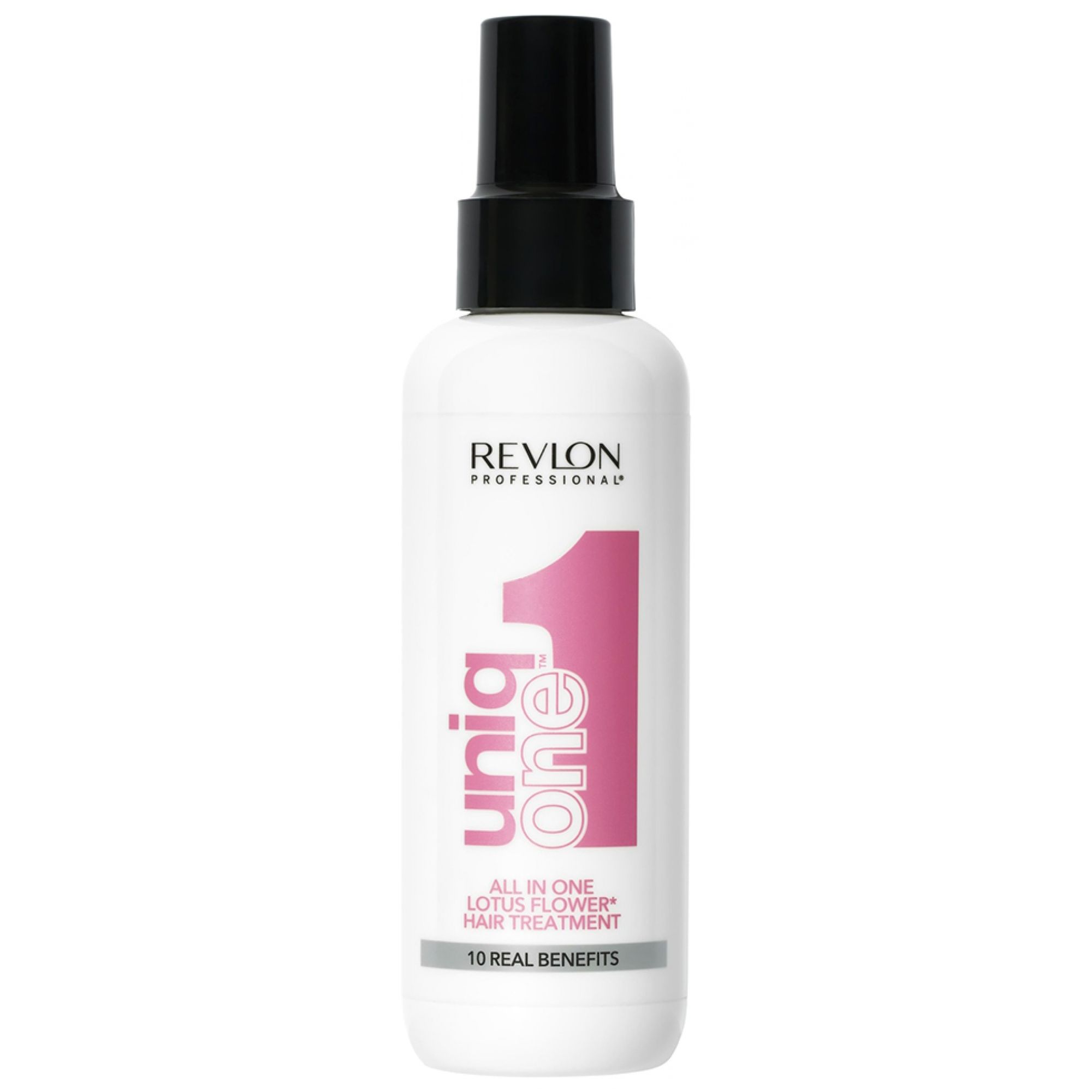 Revlon Uniq One Lotus Leave-in Haarbehandlung in weißer Sprühflasche mit schwarzem Pumpspender.