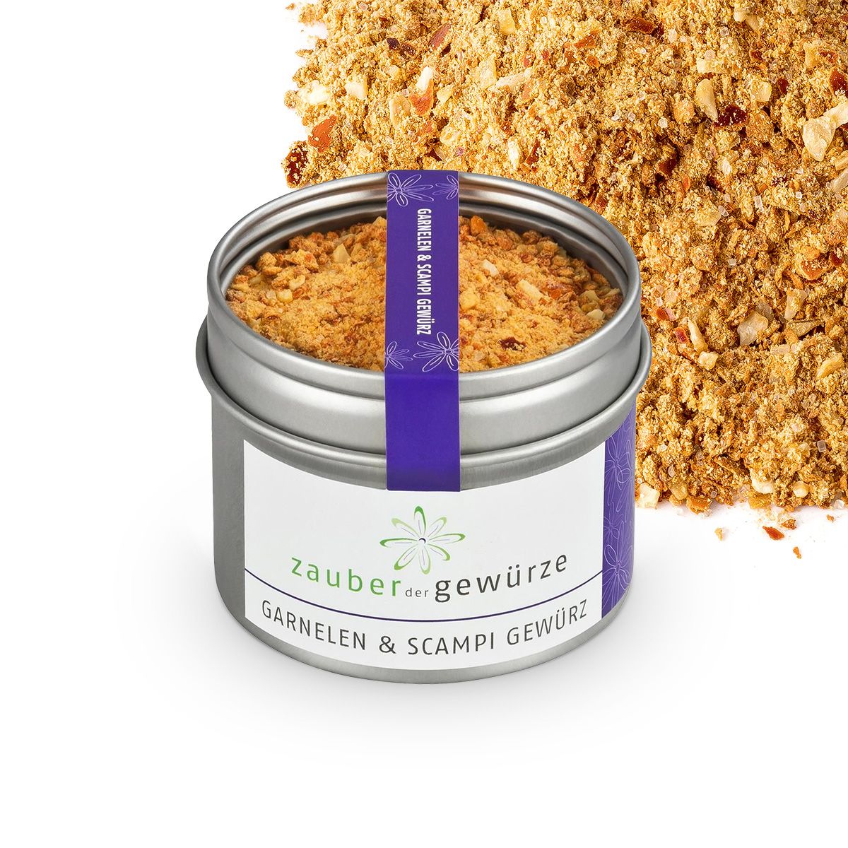 Geöffnete Dose mit Gewürzmischung, daneben Gewürzstreusel. Aufkleber und lila Band mit Produktname.