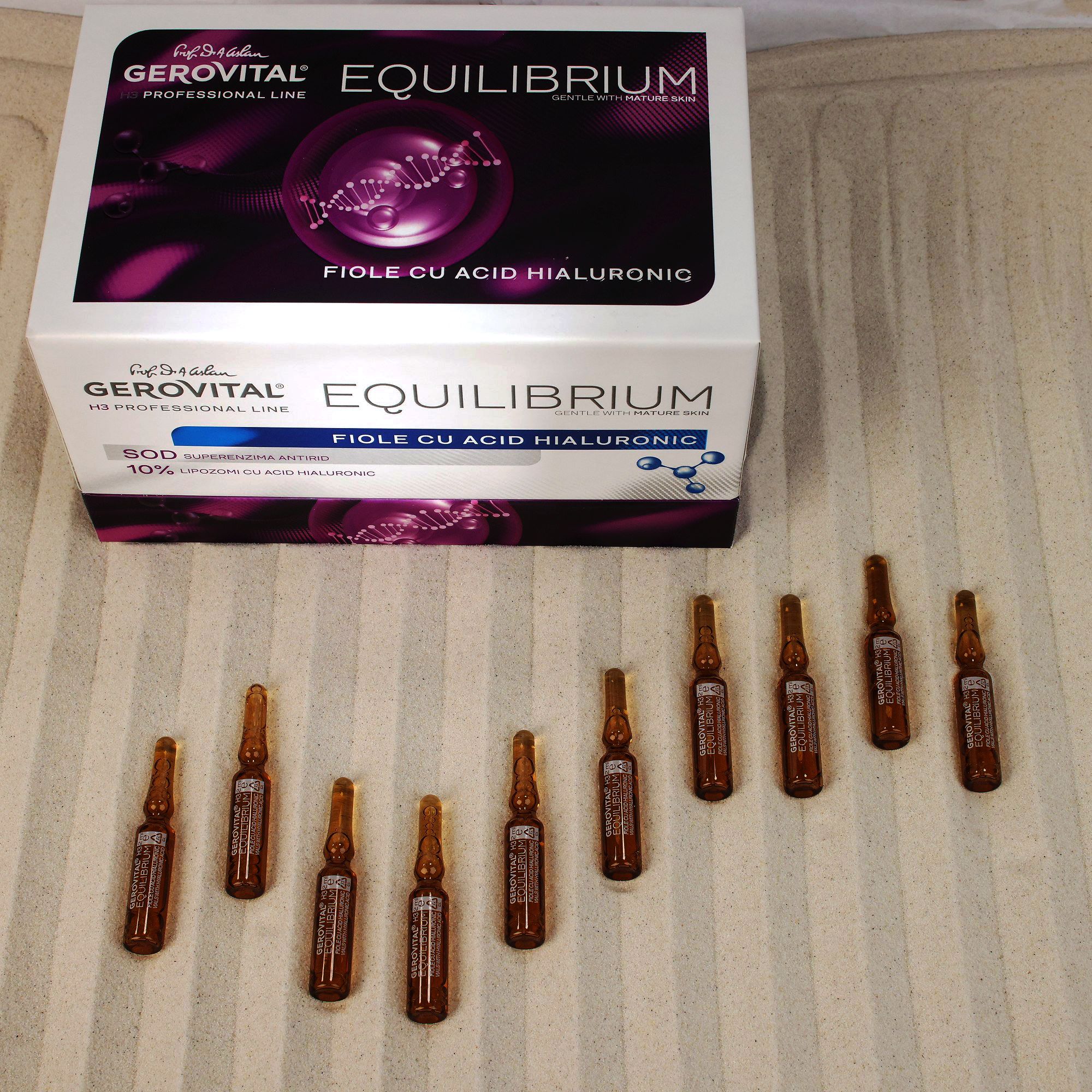 Produktverpackung und mehrere Ampullen. Aufschrift: Gerovital Equilibrium, Fiola Cu Acid Hialuronic, 10% Liposomi.