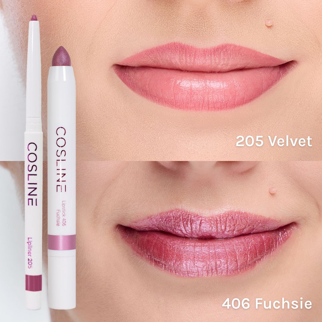 Vergleich von zwei Lippenstiften und Lippenstiften in verschiedenen Rosatönen.