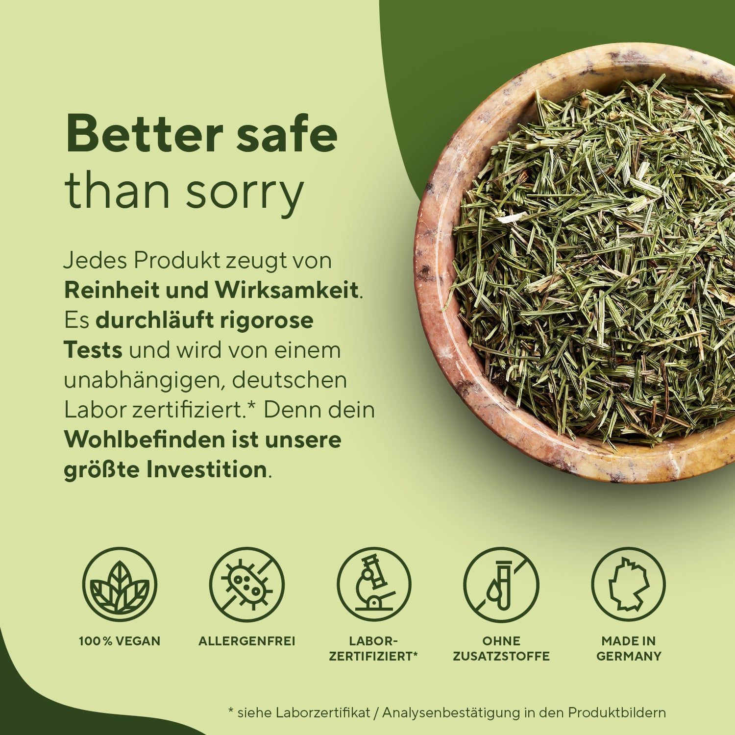 Schale mit getrocknetem Ackerschachtelhalm. Text: Reinheit und Wirksamkeit. 100% Vegan, Allergenfrei, Labor-zertifiziert, Ohne Zusatzstoffe.