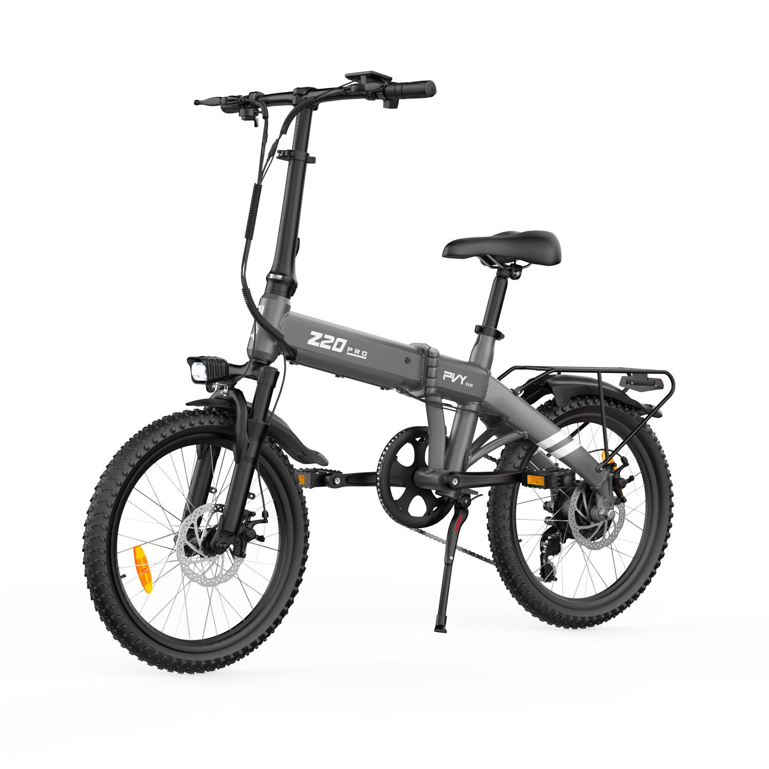 Graues Klapp-E-Bike mit schwarzem Sattel, Lenker und Reifen. Gepäckträger hinten. PVY-Logo.